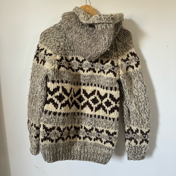 Vintage Cowichan Sweater Hooded Chunky Knit Cardigan Cozy Fihserman Unisex Small - Picture 3 of 12